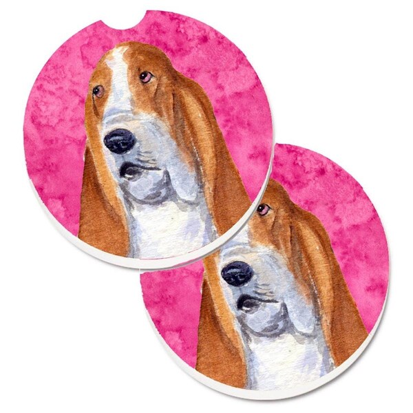 Carolines Treasures Pink Basset Hound Set of 2 Cup Holder Car Coaster SS4804-PKCARC - main